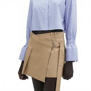 Mango Cotton Wrap Buckle Asymmetric Pleated Mini Skirt Beige NWT FLAW 4